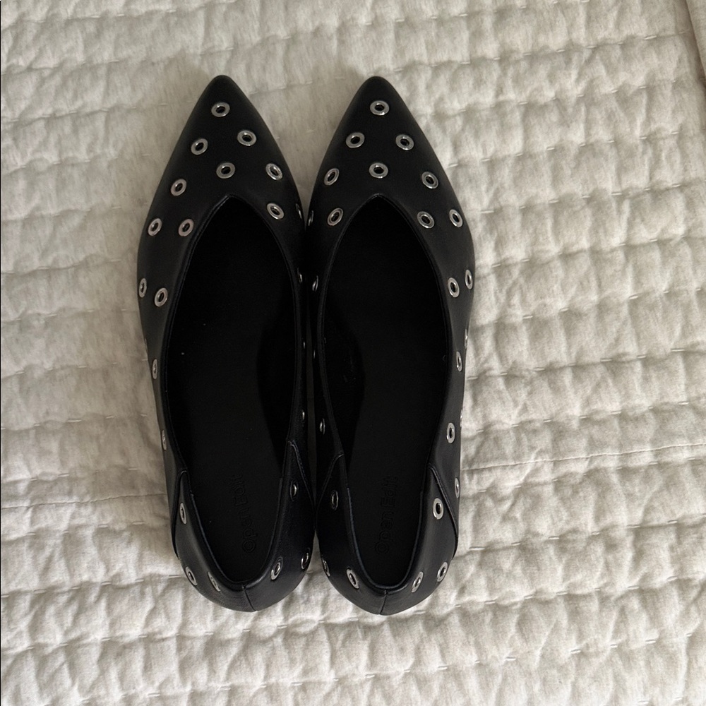 New OPEN EDIT Pointed Black Ballet Flats with Silver Grommet Details